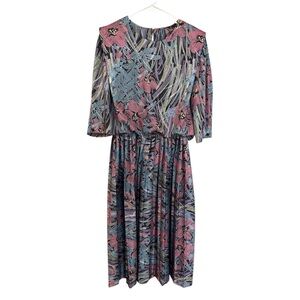 Vintage 80’s Floral Patterned Midi Dress Shoulder Pads Pleated Single Stitch USA